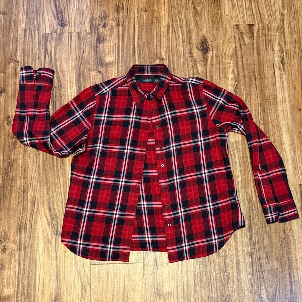 Ralph Lauren womens large button down flannel shirt Red Black White Plaid nwot